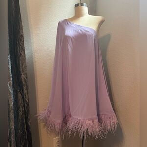 Mac Duggal Lilac One-Shoulder Dress with Feather Hem